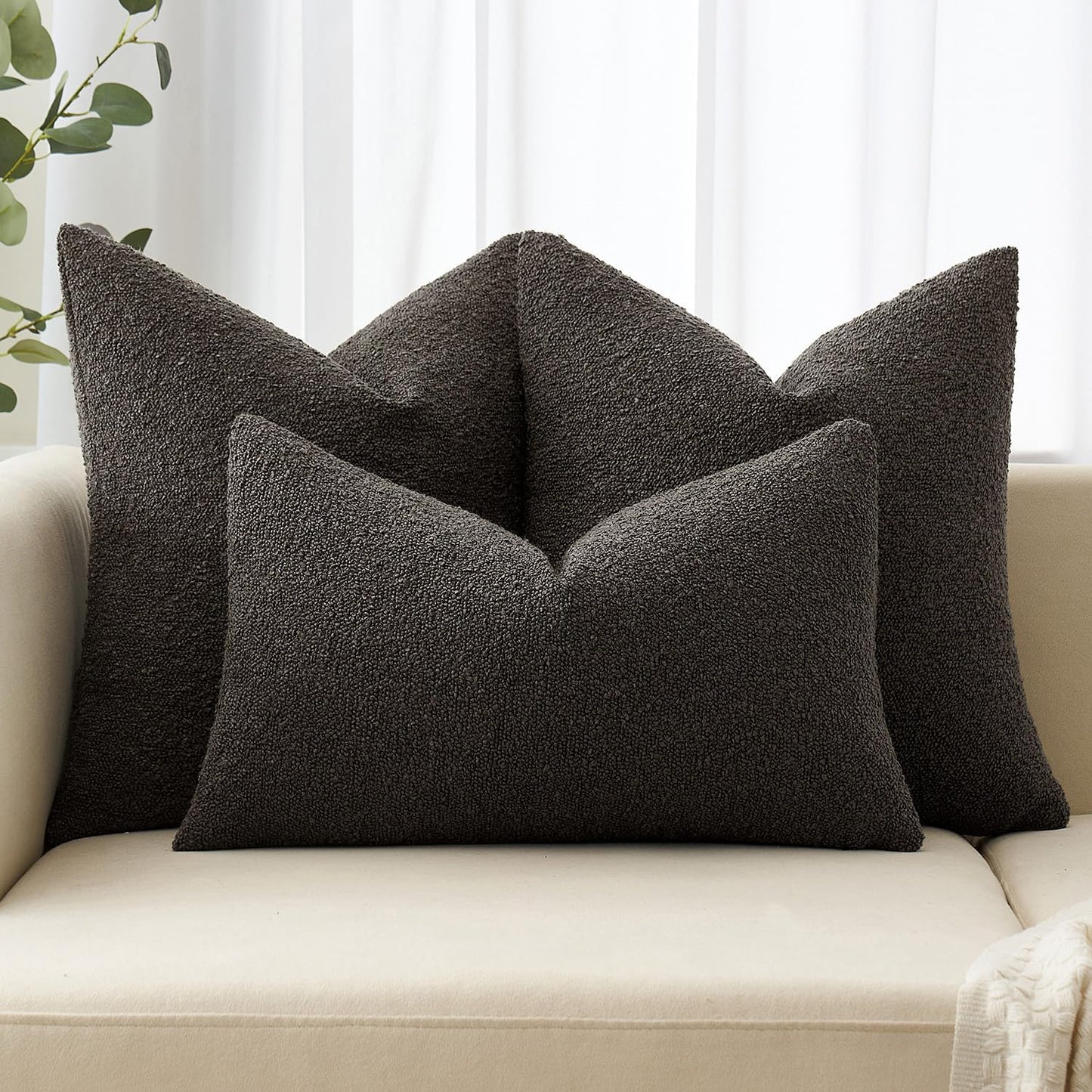 MIULEE 16x16 Inch Decorative Pillow Covers for Couch Bed Set of 2 Textured Boucle Neutral Winter Throw Pillows Dark Coffee Accent Solid Cushion Pillowcases Sofa Livingroom Home Decor