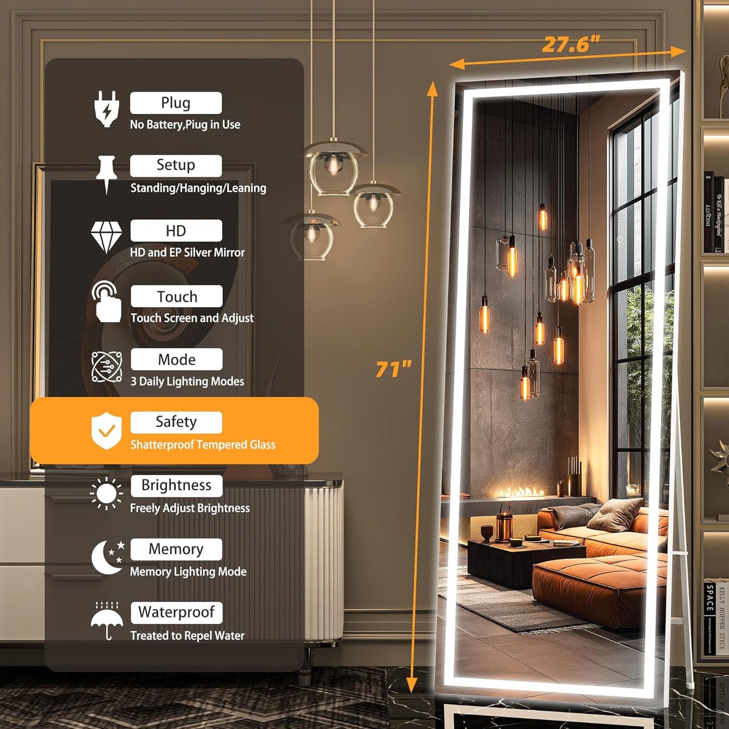 Hasipu Full Length LED Mirror with Lights, 71" x 27.6" Floor Standing or Hanging Mounted, Full Body Dressing Mirror, Dimmable Light, Tempered Glass, Square White