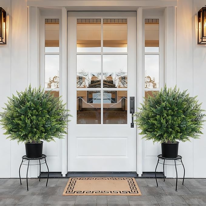 Waipfaru Artificial Plants Outdoor, 2Pcs 23'' Artificial Cedar Topiary with Ground Spike, UV-Resistant Fake Plants Fake Bushes for Christmas Outdoor Indoor Garden Front Porch Decor