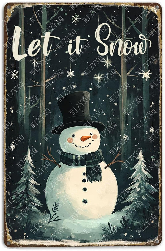 Let It Snow Snowman Signs Snowflakes Metal Sign Aluminum Tin Sign for Home Farmhouse Yard Garden Office Outdoor Gate 12×8 Inch