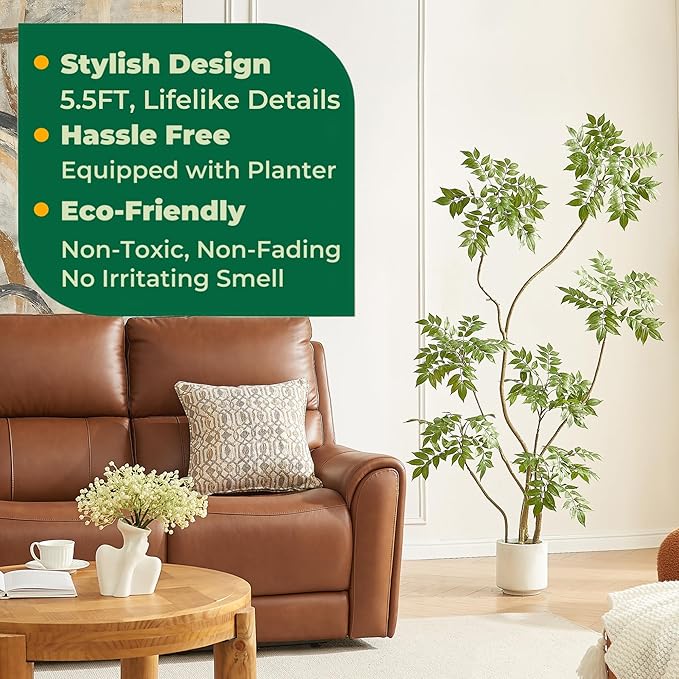 5.5FT Artificial Sumac Tree with White Pot, Tall Faux Plants Indoor, Large Fake Tree with Nearly Natural Silk Plant (Real Touch), for Home, Office, Living Room, Patio, Lobby Decor