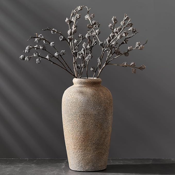 Large Ceramic Rustic Vase, 11 inch Minimalist Decorative Vase, Farmhouse Tall Wood Colored for Home Decor, Living Room, Shelf Decor, Enterway, Table Decoration, Brown
