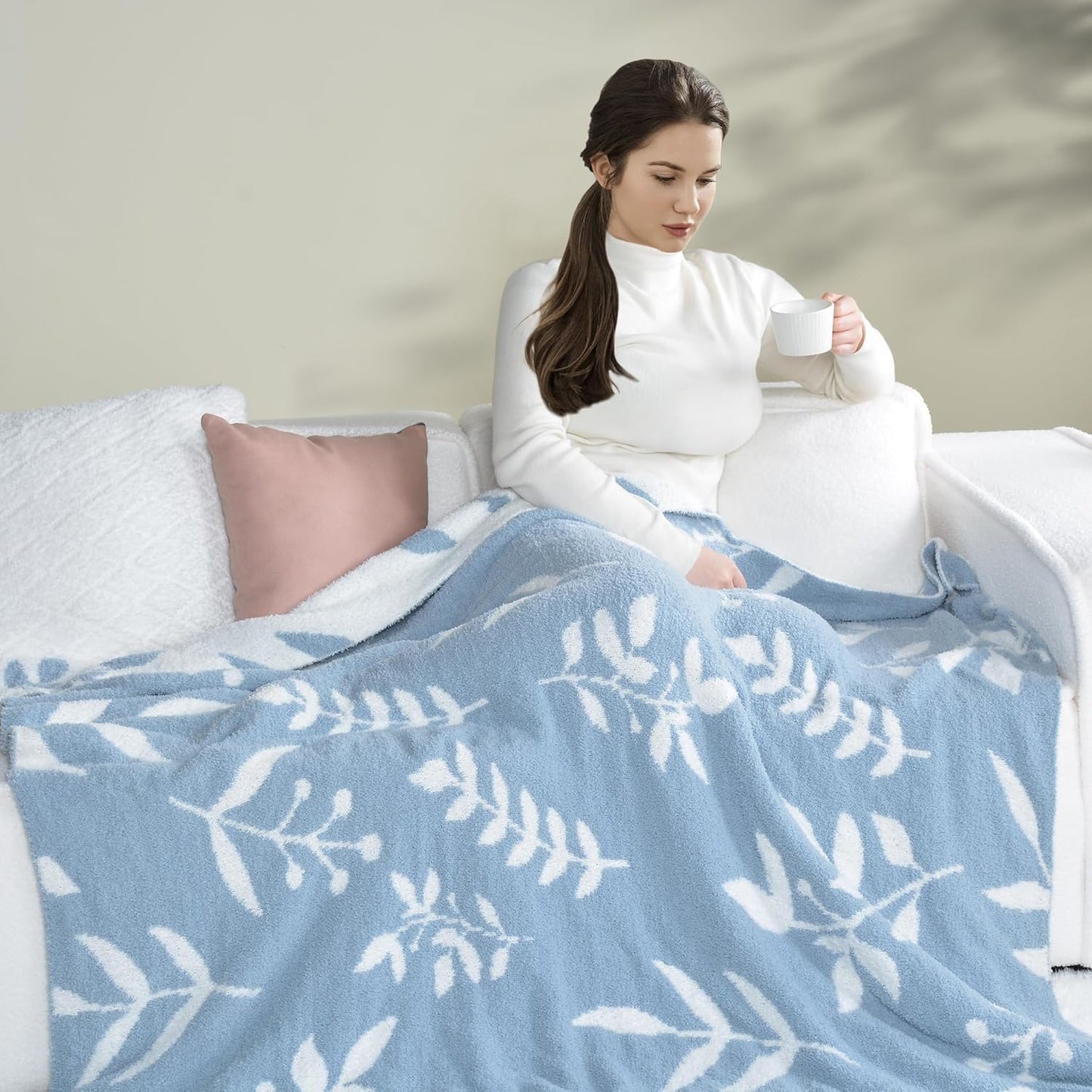 Leaf Pattern Throw Blanket Soft Cozy Spring Blanket for Bed, Couch, Sofa Lightweight Breathable Stylish Seasonal Home Decor Blanket Dusty Blue 60x80 Inches
