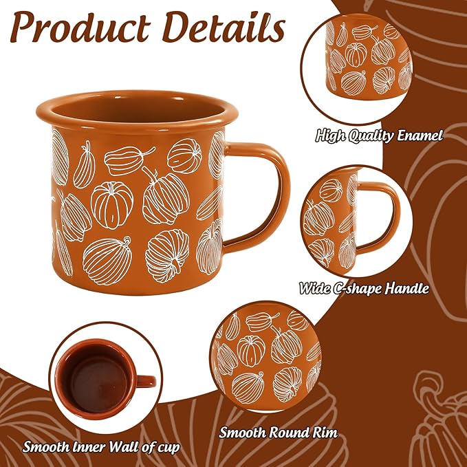 Whaline 2Pcs Fall Mini Coffee Mugs 12oz Hello Pumpkin Enamel Cup with Handle Orange Autumn Pumpkin Drinking Mug for Birthday Party Favor Supplies