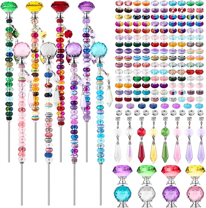 UFU 192Pcs DIY Fairy Wand Beaded Garden Stakes Kit, Fairy Wands Kit with Sparkling Crystal Pendants, Suitable for Different Holidays Garden Stakes Decorative Outdoor Beadable Items(10IN)