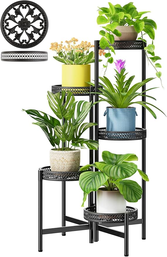 Plant Stand Indoor Outdoor, 5 Tier Corner Metal Flower Display Holder Shelf, Folding Tall Rack for Patio Balcony Porch Garden Living Room House, Heavy Duty Wrought Iron Plant Shelf- BlackWave