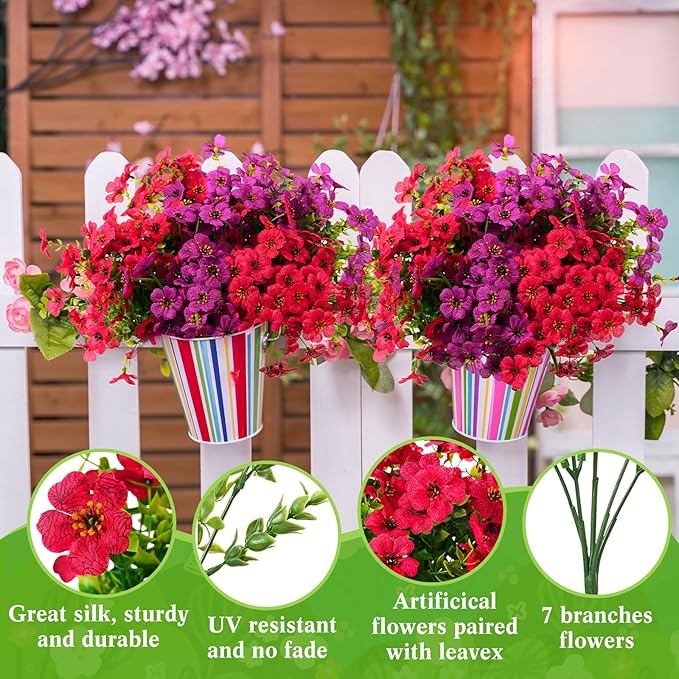 Zeyune 64 Bundles Faux Flowers Outdoors UV Resistant Artificial Plastic Flowers Plants Fake Realistic Eucalyptus Violet Lavender Plant Wildflower Bulk for Outside Yard Home Patio Garden Decor(Bright)