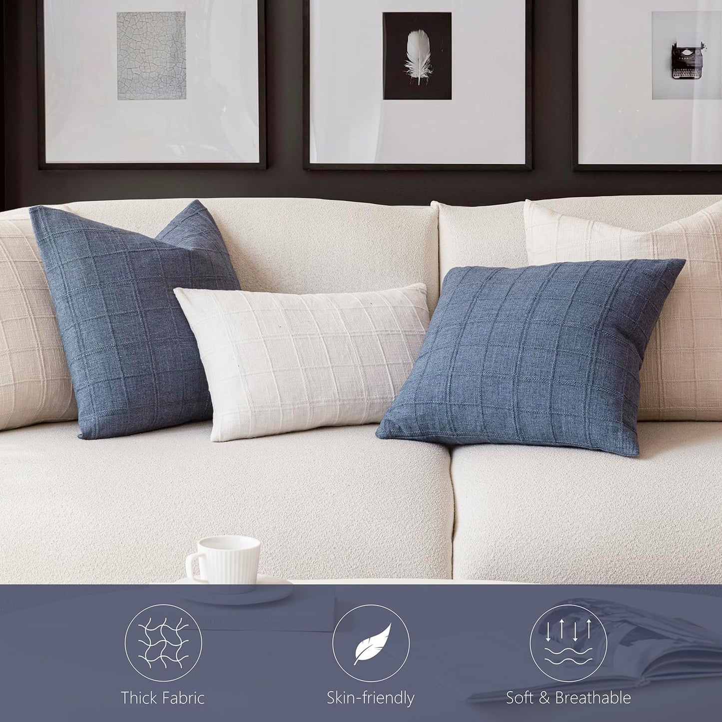 Foindtower Set of 2 Decorative Linen Check Throw Pillow Covers Neutral Farmhouse Vintage Cushion Covers Modern Coastal Boho Home Decor for Sofa Chair Couch Bedroom Living Room,26×26 Inch,Blue