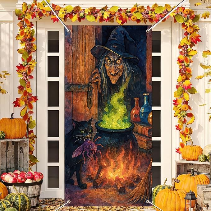 Witch Cauldron Door Cover Halloween Decorations 35x71 Inch Door Banner with Black Cat and Potion Green Fire Spooky Decor for Haunted House Party Indoor Wall Scene