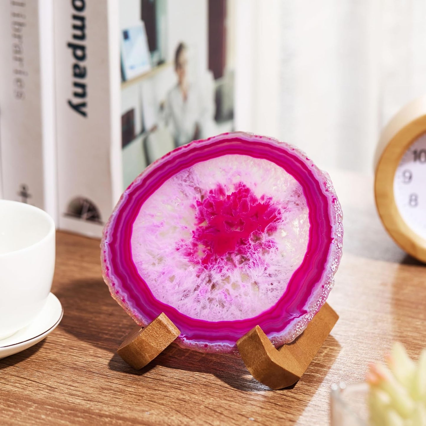 Luxury Lane Large Natural Brazilian Agate Slice Geode Rock Stone Drink Coaster with Wood Holder 4.7-5.5 inch Centerpiece Table Decoration, Rose Pink