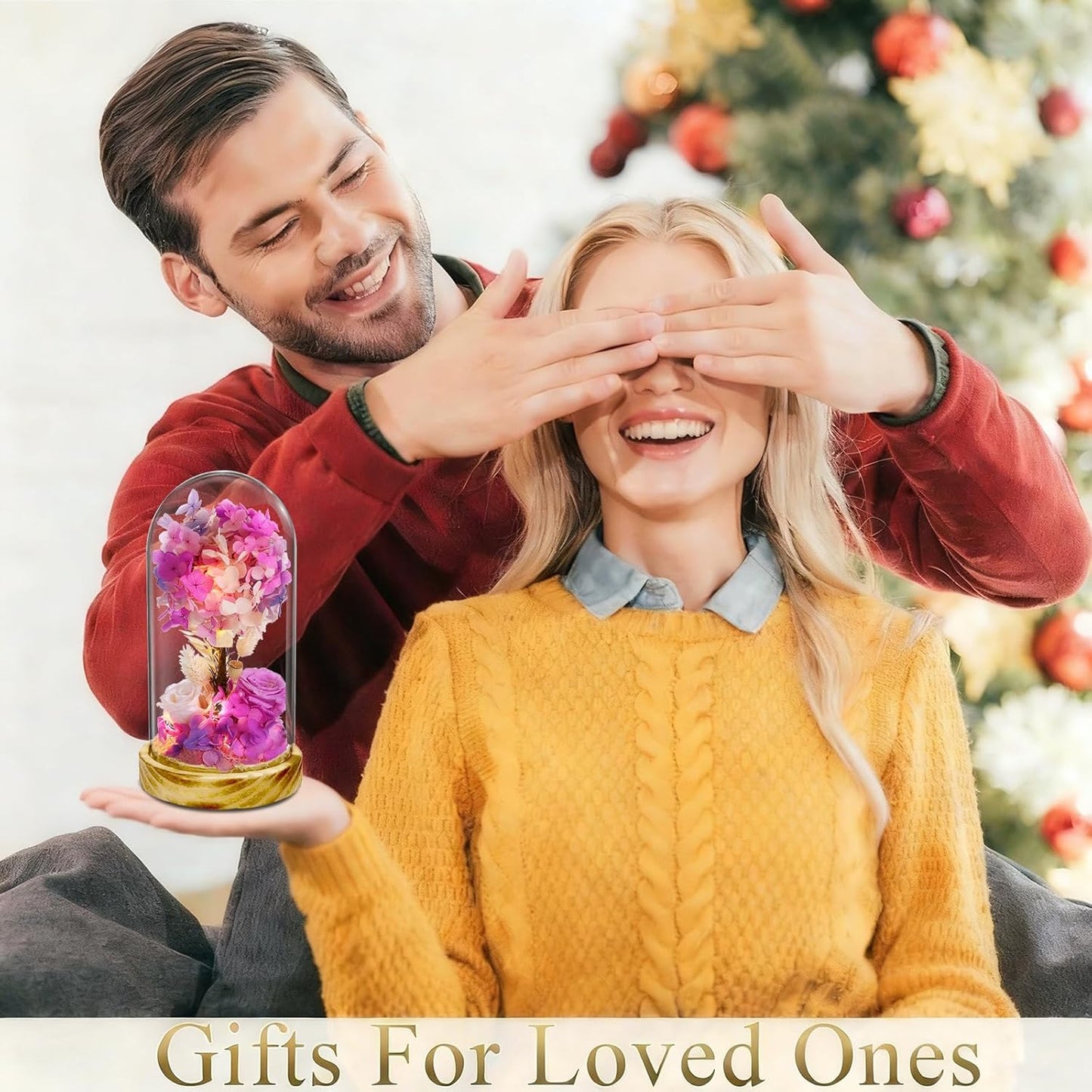 dranmoner LED Illuminated Glass Dome with Preserved Pink Roses and Hydrangeas, 8 Inch Height, Battery Powered Floral Display with Wooden Base