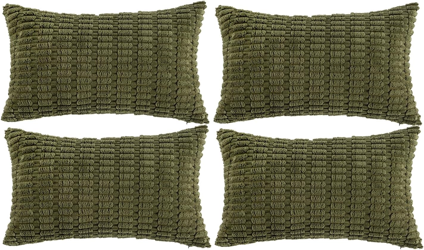 Fancy Homi 4 Packs Boho Moss Green Decorative Throw Pillow Covers 12x24 Inch for Couch Bed Sofa, Rustic Modern Farmhouse Home Decor, Soft Plush Corduroy Cute Rectangle Cushion Case 30x60 cm