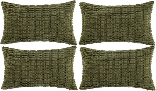 Fancy Homi 4 Packs Boho Moss Green Decorative Throw Pillow Covers 12x24 Inch for Couch Bed Sofa, Rustic Modern Farmhouse Home Decor, Soft Plush Corduroy Cute Rectangle Cushion Case 30x60 cm