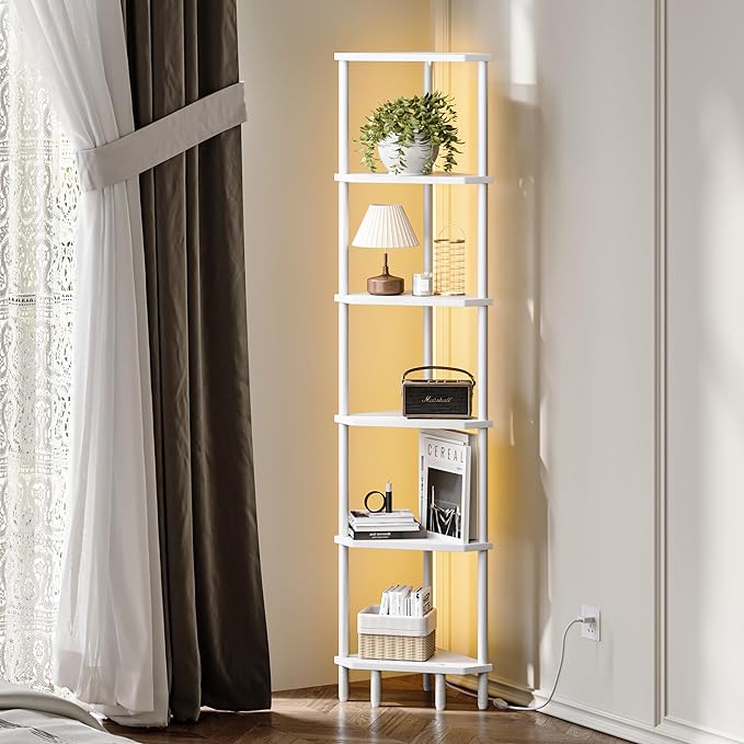 6 Tier Corner Shelf with LED Light, 66.5'' Tall Standing Shelf, Narrow Display Shelf Stand, Modern Corner Bookshelf, Plant Stand, Corner Bookcase for Living Room, Bedroom, Small Space LCS502WE