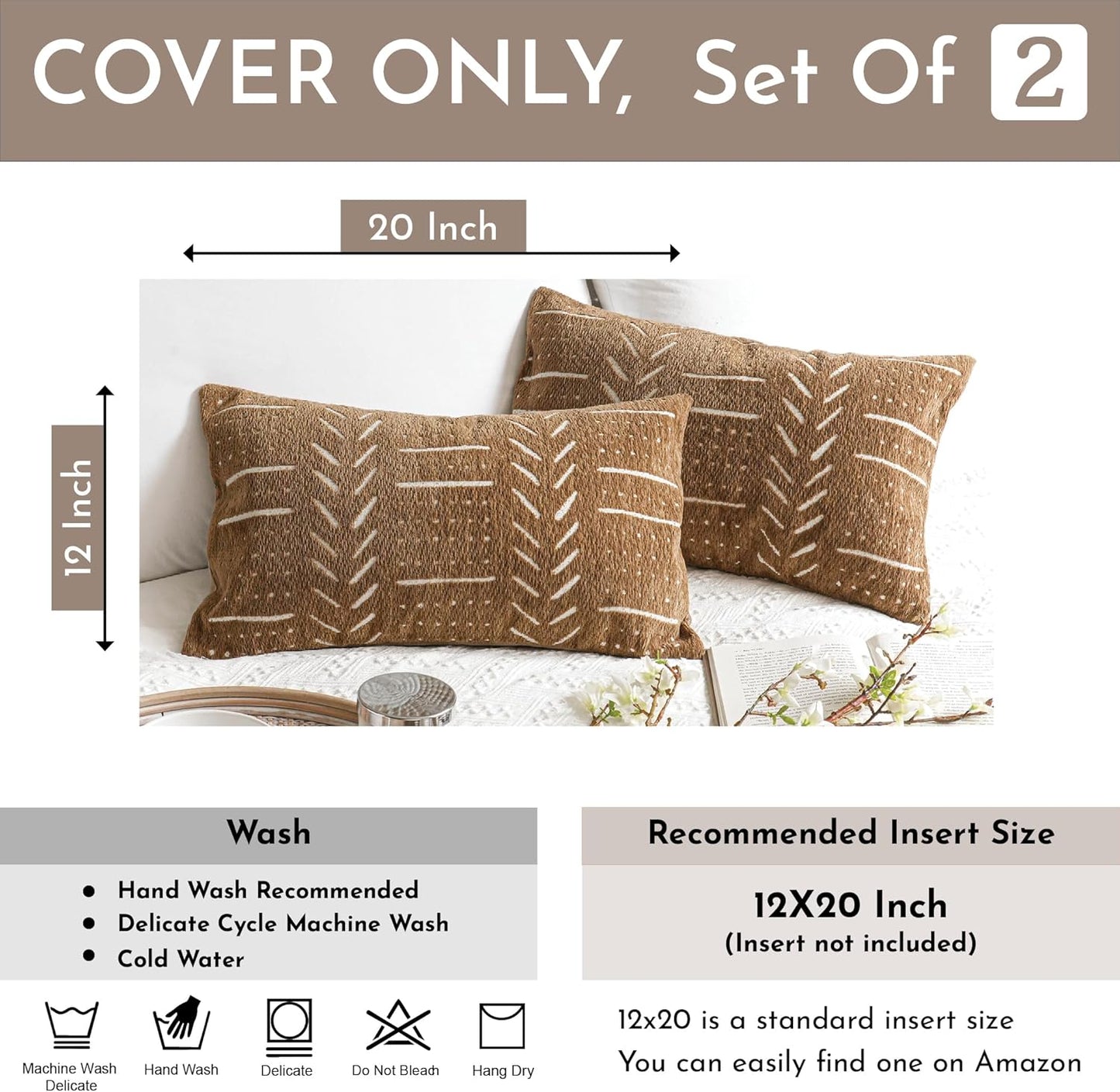BlissBlush Fall Brown Decorative Lumbar Throw Pillow Covers 12X20, Set of 2, Boho Farmhouse Cushion Cover, Soft Accent Pillowcase for Couch Sofa Bed Living Room Home Décor