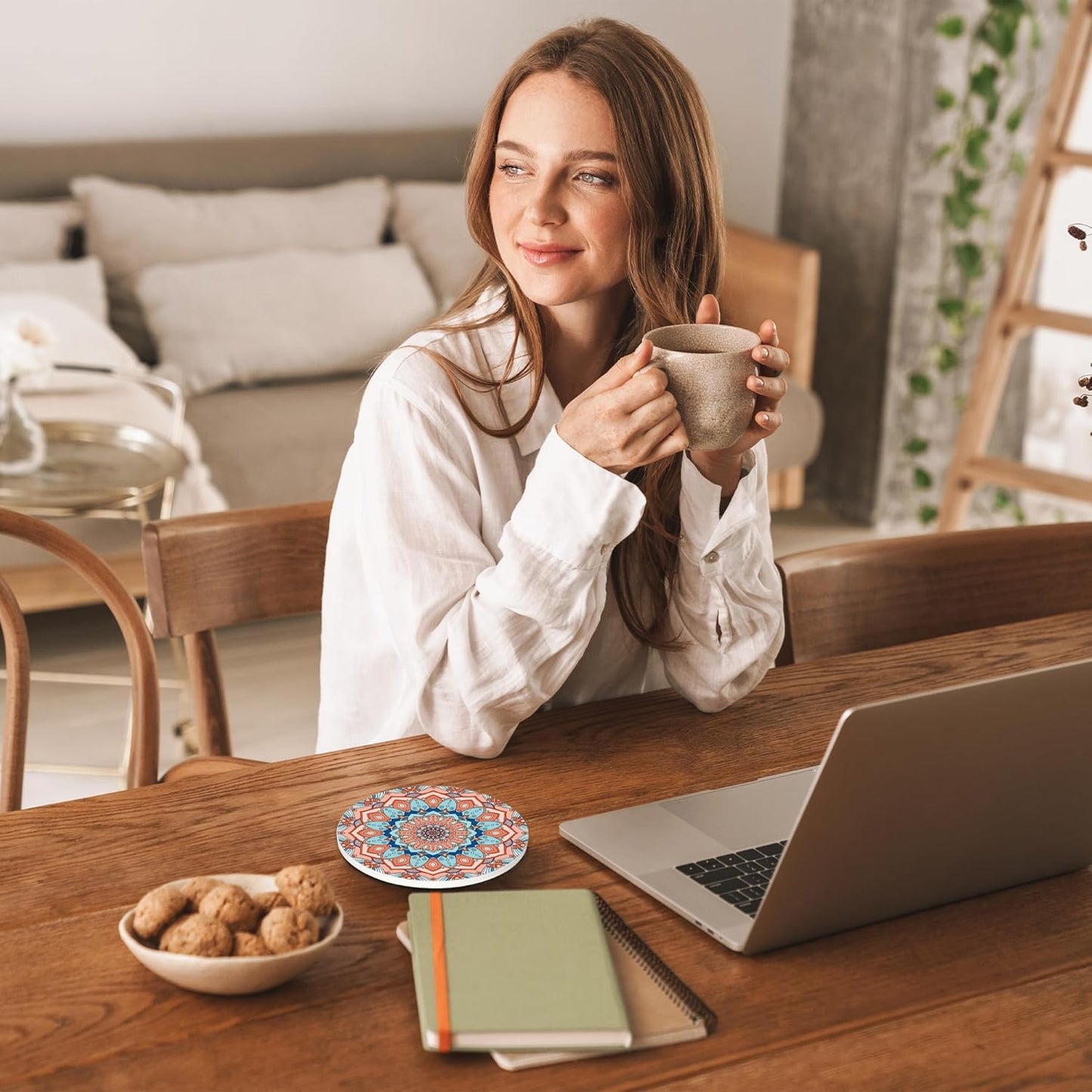 Coasters Set of 4, Mandala Blue Round 4" Ceramic & Cork Coasters, Ideal Home Decor & Gifts