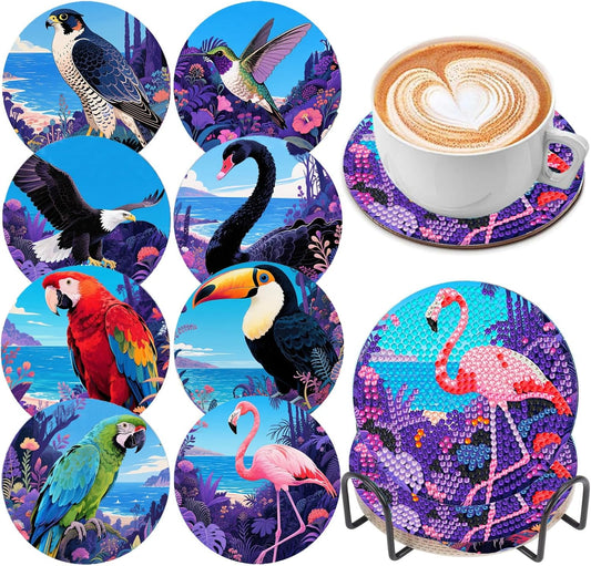 DOZEEZOP 8 PCS Animal Diamond Art Coasters Kit, Bird 5D Diamond Painting Coasters with Holder, Fall Small Diamond Art Kits for Adults Beginners, Diamond Dots Arts and Crafts Supplies