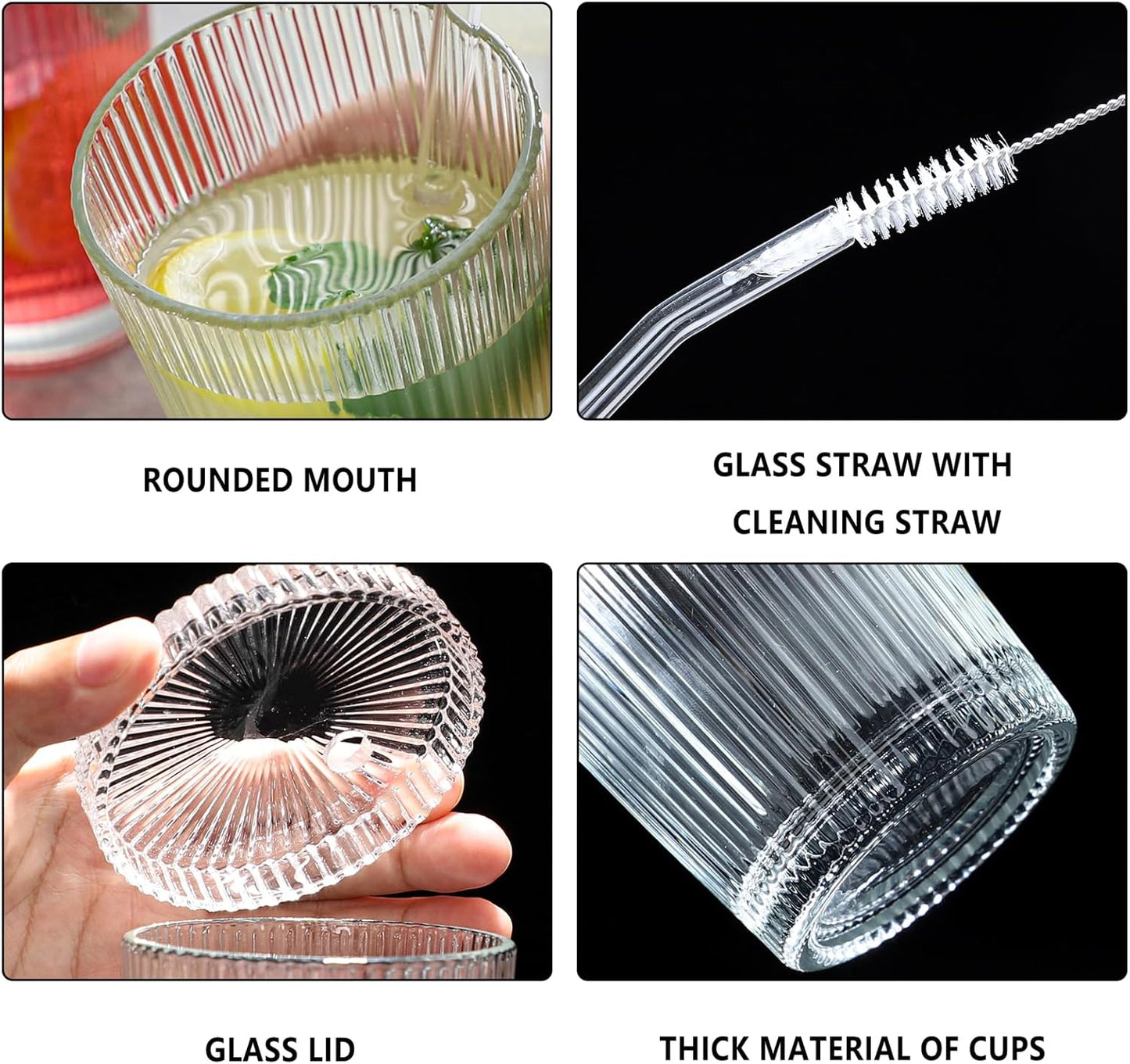 Drinking Glasses Set of 4,Ribbed Cocktail Glasses Set,Origami Style Water Glass Cups with Lids,Straws and 2 Straw Brushes for Iced Coffee, Juice,Smoothie