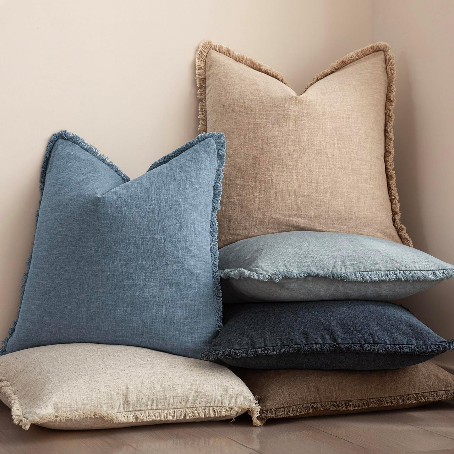 Foindtower Decorative Linen Fringe Throw Pillow Covers Cozy Boho Farmhouse Cushion Cover with Tassels Accent Pillowcase for Chair Sofa Bed Living Room Home Decor, 20×20 Inch,1PC,Misty Blue