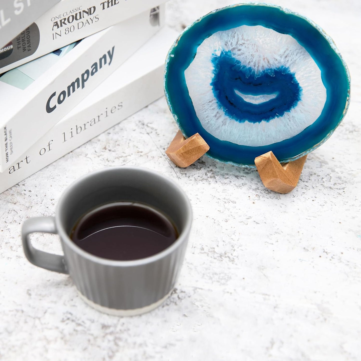 Luxury Lane Large Natural Brazilian Agate Slice Geode Rock Stone Drink Coaster with Wood Holder 4.7-5.5 inch Centerpiece Table Decoration, Ocean Blue