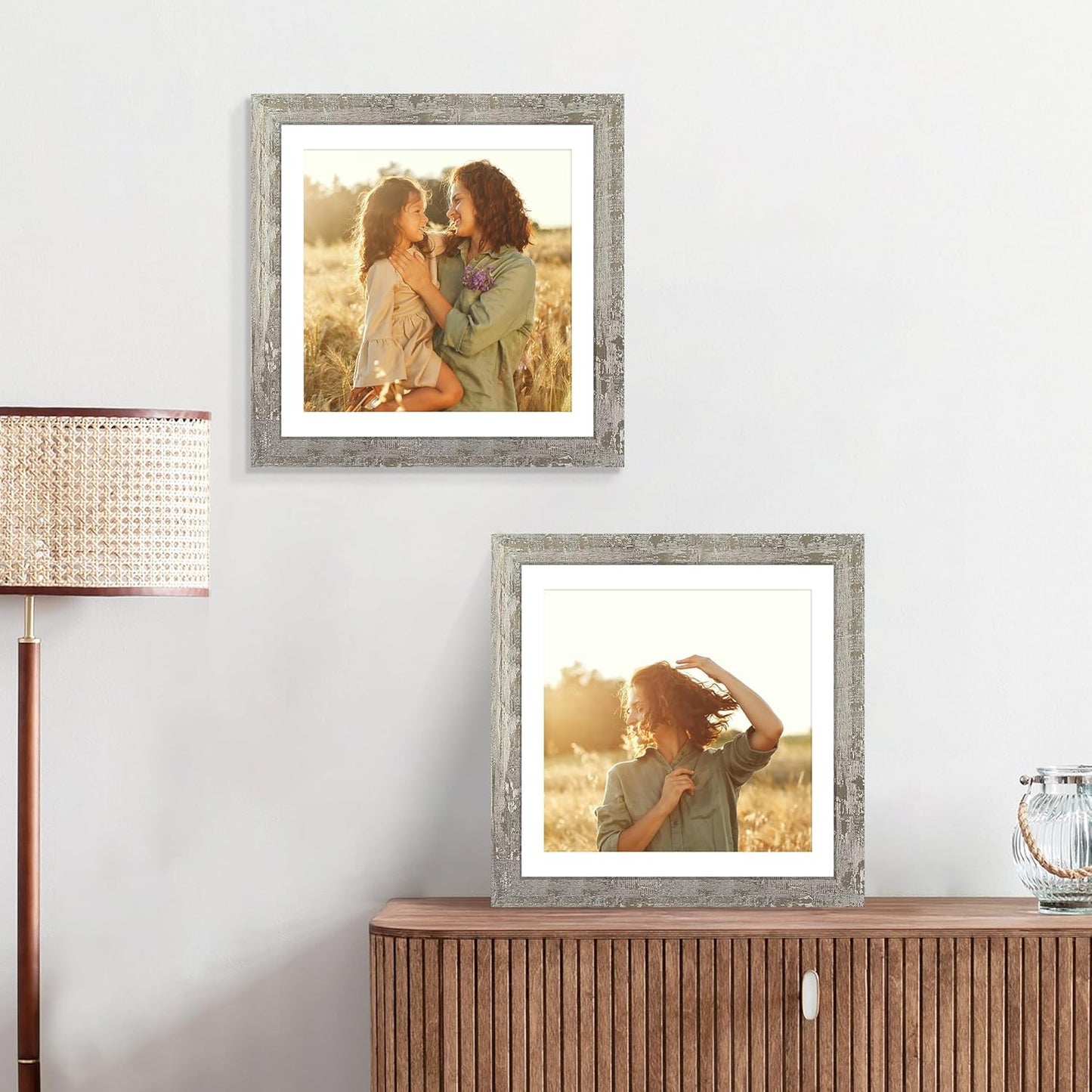 iRahmen 12x12 Picture Frame Set of 4 with Tempered Glass, Display 10x10 Picture with Mat or 12 x 12 Without Mat, Rustic Wood Square Photo Frame for Desktop Display and Wall Mounting