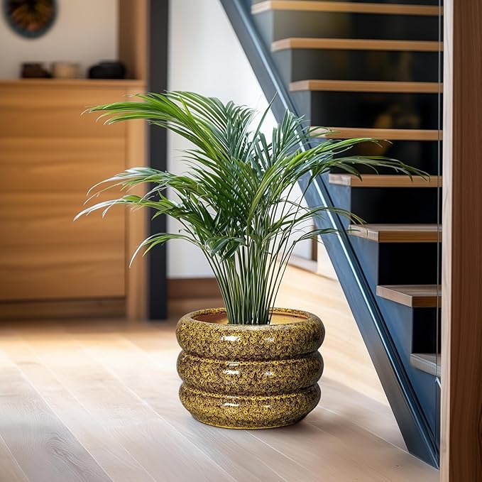 SQOWL Ceramic Flower Pots - 10 Inch Plant Pot Indoor with Drainage Hole, Round Bubble Planter for Outdoor Plants, Decorative Ceramic Plant Pot, Porch Home House Decor, House Warming Gifts, Yellow