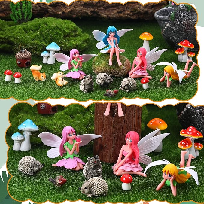 20Pcs Fairy Garden Accessories, Miniature Garden Ornaments Landscape Decorations Mini Fairy Figures Animal Plant Set for DIY Terrarium Potted Plants Dollhouse Desk Decor