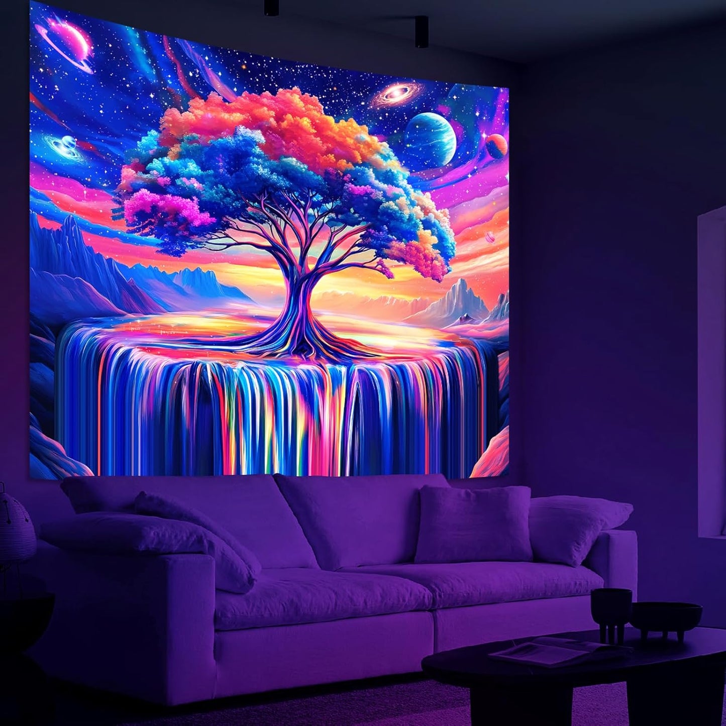 Extra Large Blacklight Tree of Life Tapestry for Bedroom, Black Light Posters Space Galaxy UV Reactive Art Tapestries Aesthetic, Colorful Starry Sky Wall Hanging for Adults Living Room Dorm Decor (71"x90")