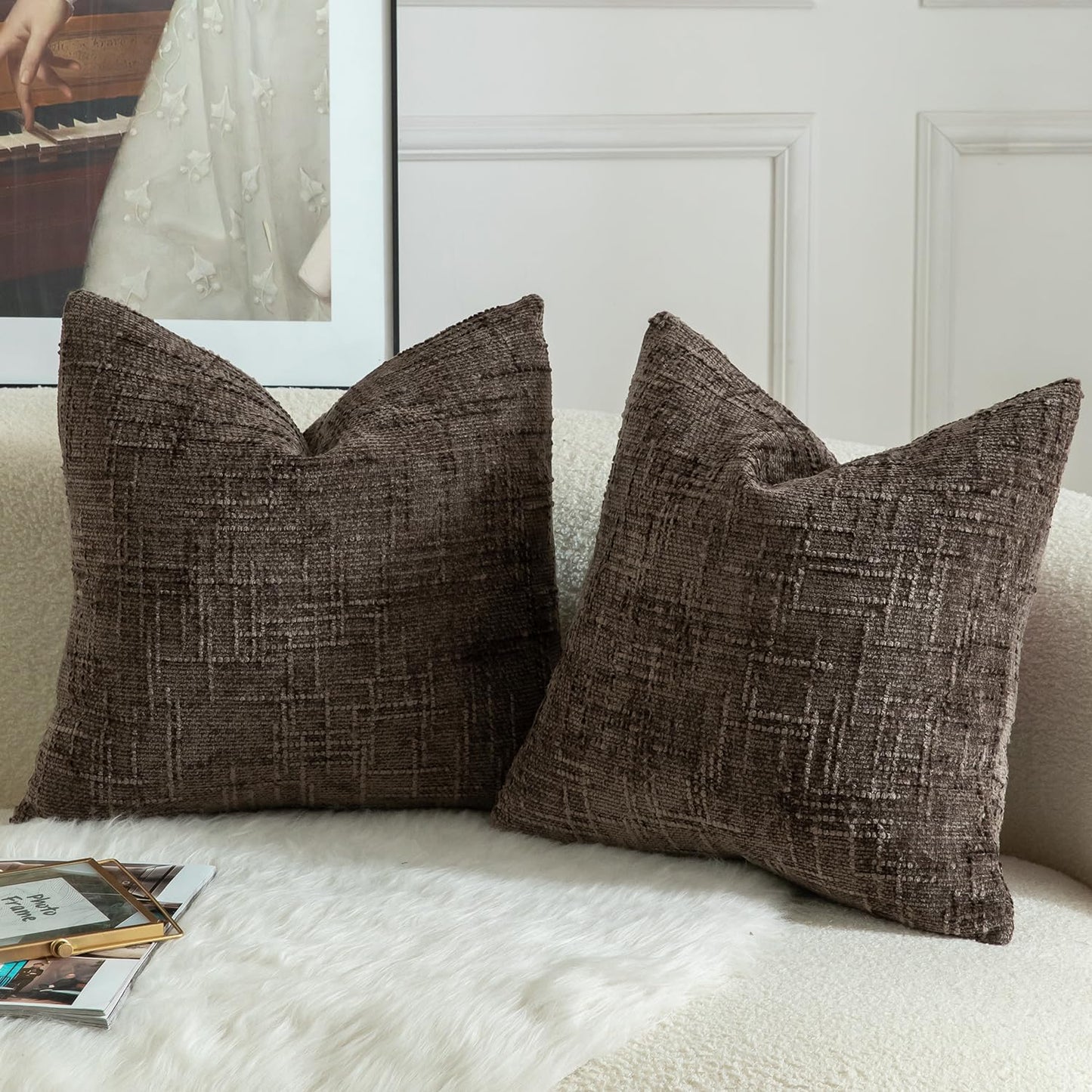 MANDIOO Pack of 2 Soft Chenille Textured Throw Pillow Covers Square Accent Solid Decorative Cushion Cover Cozy Farmhouse Pillow Case for Couch Sofa Bed Living Room 20x20 Inch Coffee