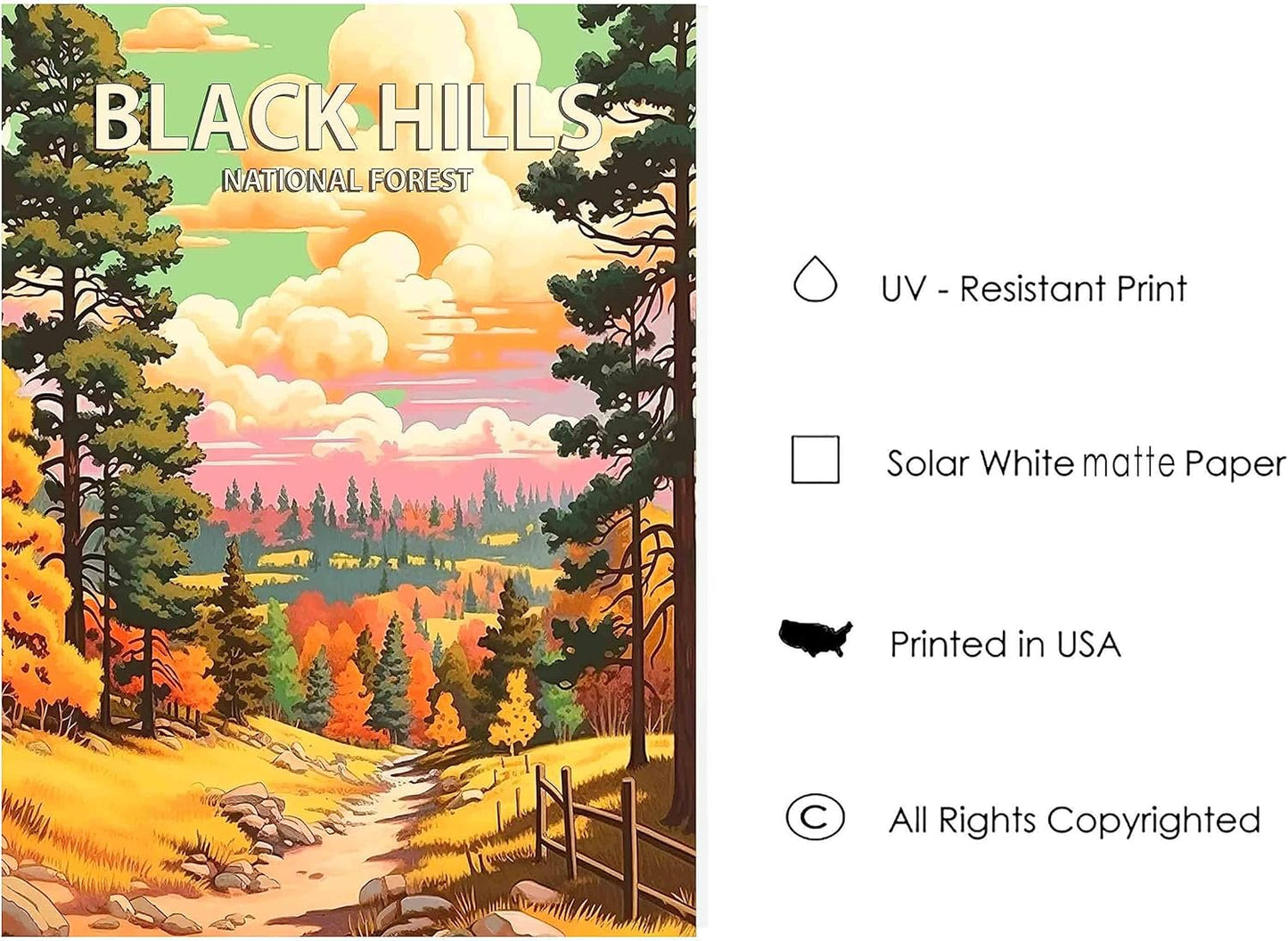 Black Hills National Forest Poster Art Print Retro Mountain Wall Art Poster Vintage Decor Nature Recreation Wilderness Wildlife Decoration, Outdoor Adventure Scenic Beauty Artwork. (Black Hills