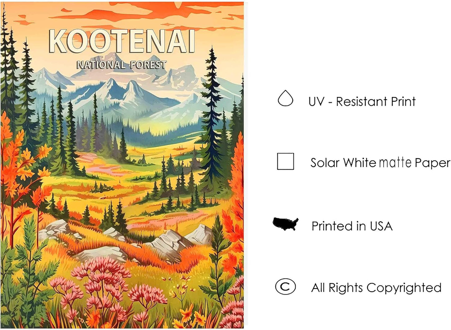 Kootenai National Forest Poster Art Print Retro Mountain Wall Art Poster Vintage Decor Nature Recreation Wilderness Wildlife Decoration, Outdoor Adventure Scenic Beauty Artwork. (Kootenai National