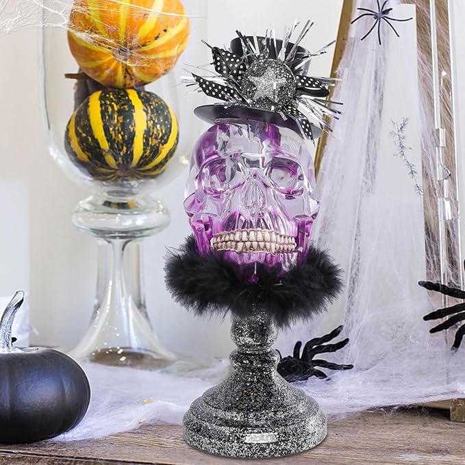 VCUTEKA Halloween Skull Head Light Indoor Decoration Skull Statue Halloween Sculptures with Magic Hat for Party Horror Decoration Holiday Decor Figurines Gift