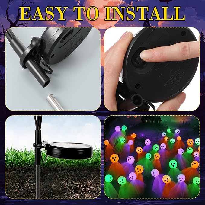 VIHOSE 2 Packs Halloween Solar Lights Outdoor 12 LED Solar Ghost Pathway Lights Waterproof Spooky Ghost Path Light Outdoor Halloween Decorations for Outside Garden Lawn Yard Decors (Colorful)