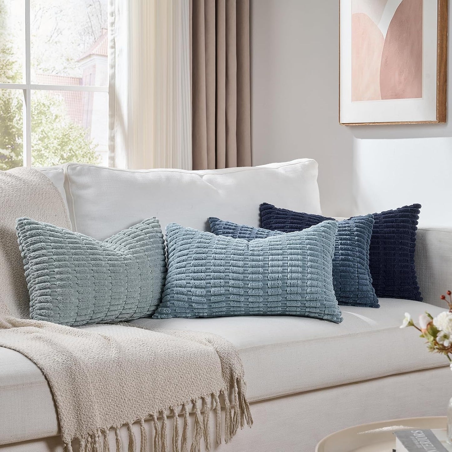 Fancy Homi Set of 4 Blue Long Lumbar Rectangle Decorative Throw Pillow Covers 12x24 Inch for Couch Bed Chair, Farmhouse Boho Room Decor, Soft Fuzzy Corduroy Textured Coastal Blue Cushion Case 30x60cm