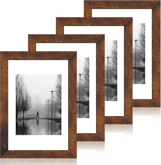 iRahmen 8x12 Picture Frame Set of 4 with High Definition Real Glass, Display 6x8 Pictures with Mat or 8 x 12 Without Mat, Wood Rustic Photo Frames for Tabletop and Wall Mounting