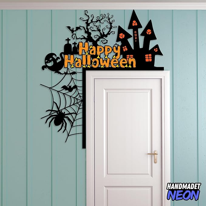 Personalized Metal Happy Halloween Door Toppers, Custom Haunted House Ghosts Spider Web Door Corner Sign, UV Printed Spooky Frame Top Decorative Creative Silhouette Wall Art Decor