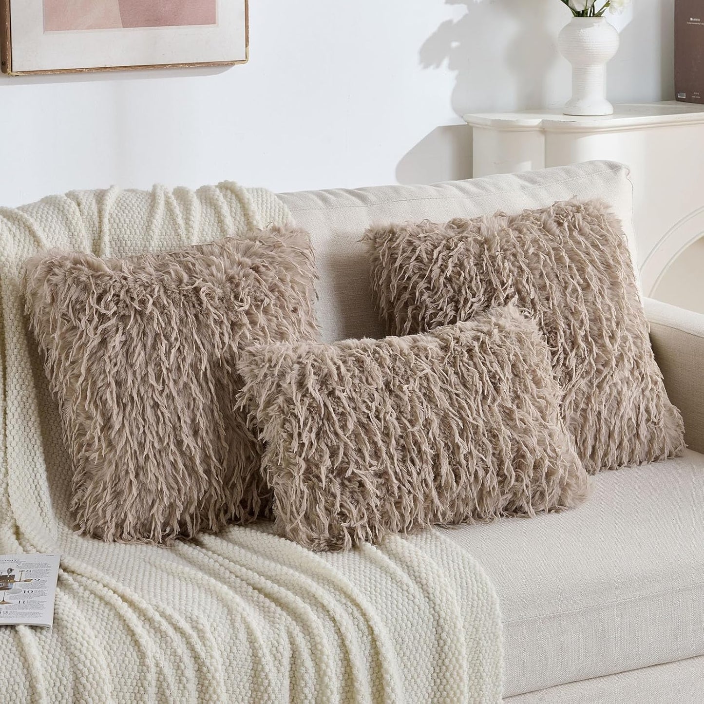 FUTEI Khaki Decorative Throw Pillow Covers 18x18 Inch Set of 2,Soft Fluffy Faux Feather Texture Cushion Cases,Modern Home Luxury Decor for Couch Bed Living Room