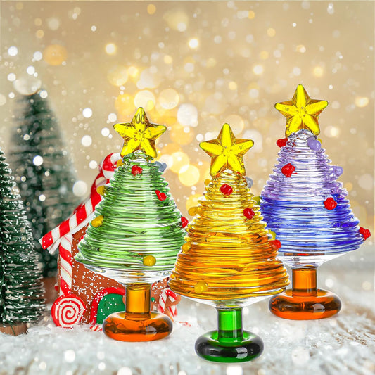 H&D HYALINE & DORA Set of 3, 3 Inch Blown Glass Christmas Tree Mini Handmade Christmas Tree Figurines Ornaments Art Glass Christmas Decoration for Home Tabletop Festival Gifts