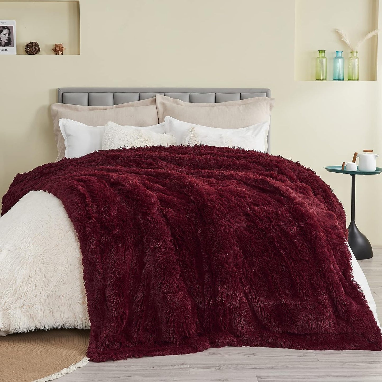 GONAAP Fuzzy Faux Fur Throw Blanket Wine Red Super Soft Cozy Plush Fuzzy Shaggy Blanket for Couch Sofa Bed (Wine Red, Throw(50"x60"))