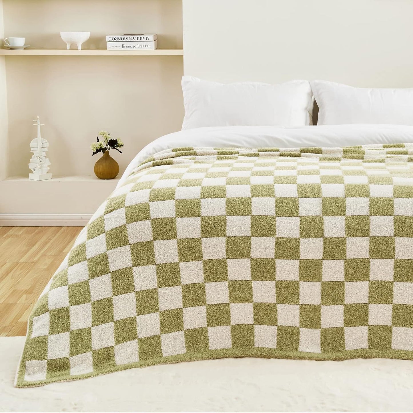 CozeCube Super Soft Fullfy Microfiber Reversible Knitted Blankets, Warm Cozy Fuzzy Plush Throw, Sage Green and White Checkered Throw Blanket for Couch Bed Sofa, 60" x 80"