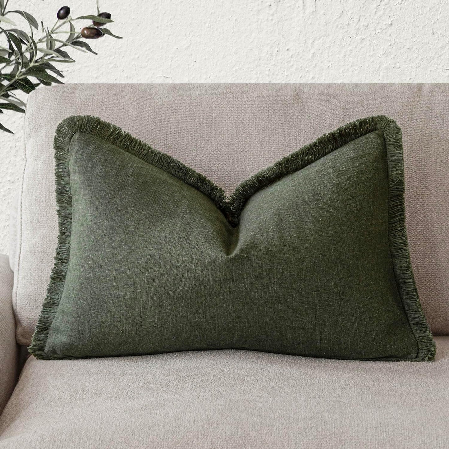 Foindtower Decorative Linen Fringe Throw Pillow Covers Cozy Boho Farmhouse Cushion Cover with Tassels Soft Accent Pillowcase for Chair Sofa Bed Living Room Home Decor, 12×24 Inch, 1PC,Dark Olive Green