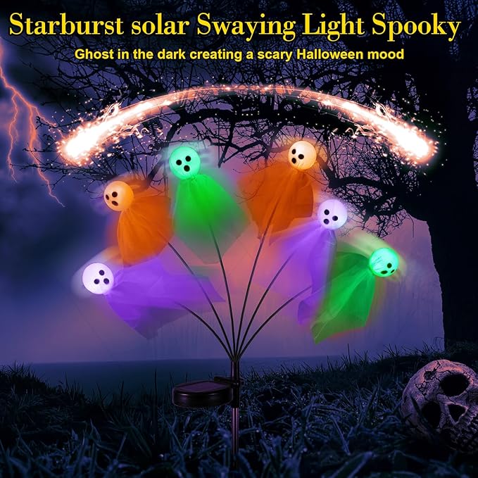 VIHOSE 2 Packs Halloween Solar Lights Outdoor 12 LED Solar Ghost Pathway Lights Waterproof Spooky Ghost Path Light Outdoor Halloween Decorations for Outside Garden Lawn Yard Decors (Colorful)