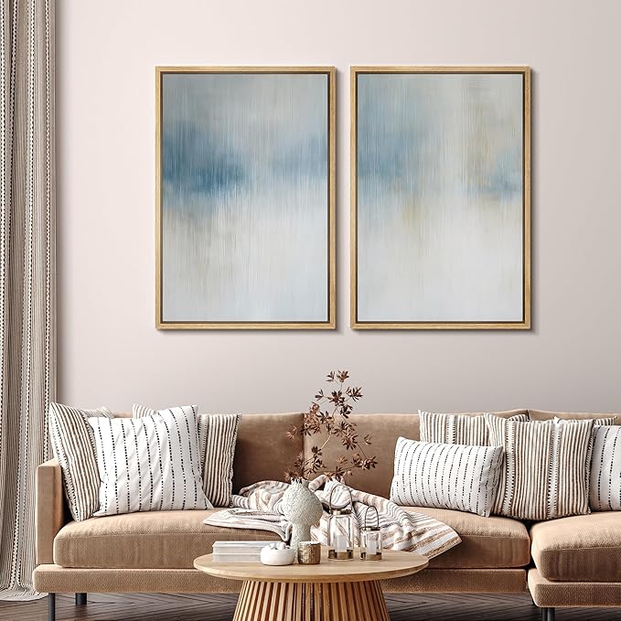 SIGNFORD Framed Canvas Print Wall Art Set Blue and Beige Abstract Modern Neutral Vertical Illustration Modern Art Decorative Nordic Nature for Living Room, Bedroom, Office - 24"x36"x2 Natural