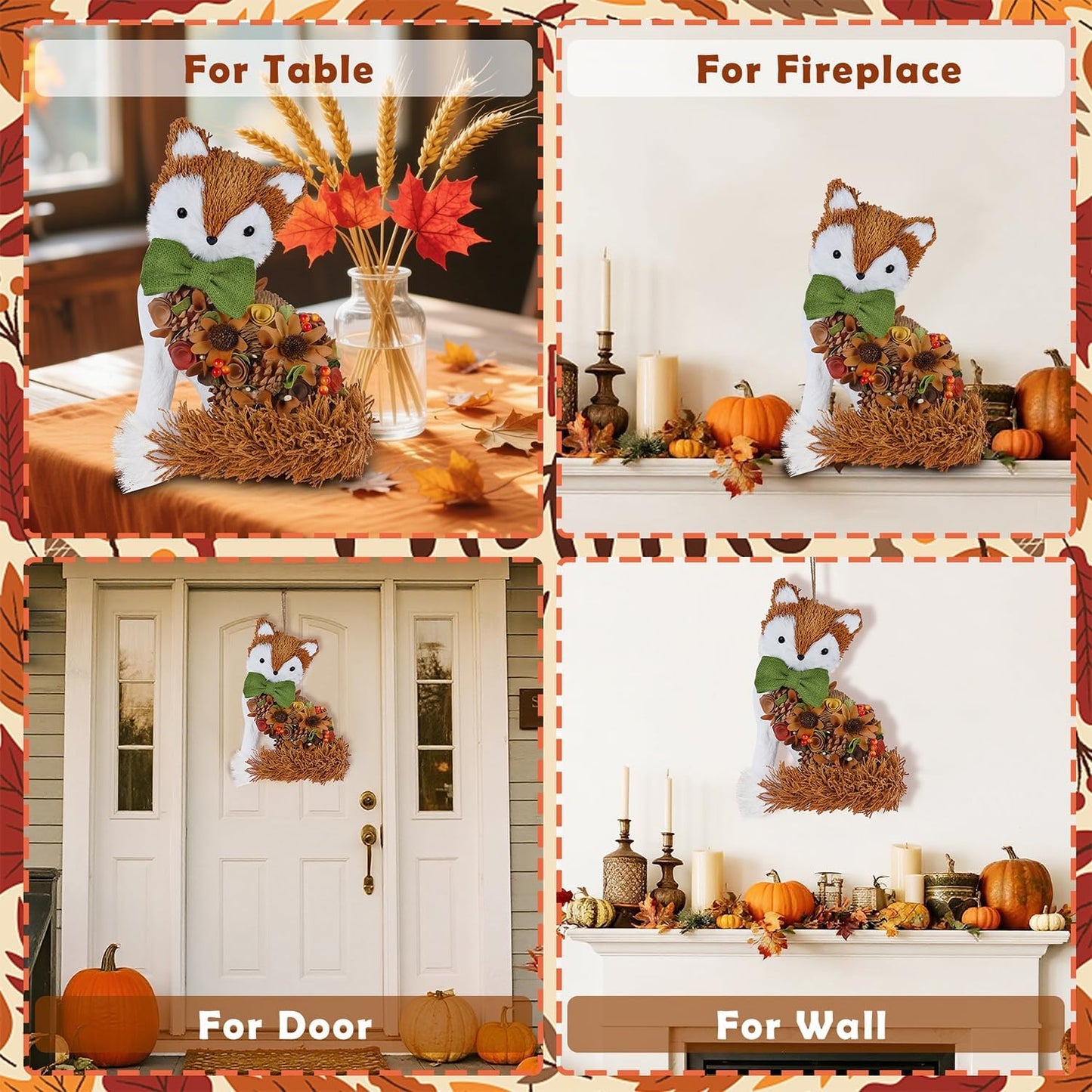 Glintoper Fall Wreath for Front Door, 14" Thanksgiving Straw Fox Figurine with Woodchip Pinecone, Hanging Harvest Autumn Gifts, Tabletop Centerpieces, Woodland Animal Home Kitchen Office Decor
