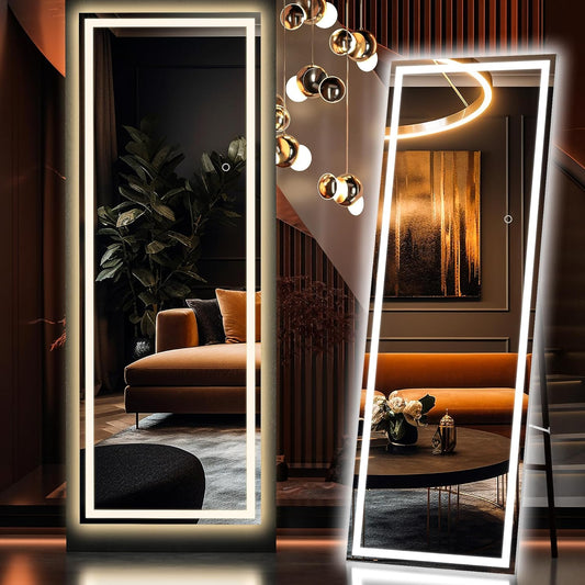 Hasipu Full Length Mirror with Lights, 65" x 21.7" LED Floor Mirror, Full Body Dressing Standing, Hanging Mounted Mirror for Living Room Bedroom Cloakroom, Square Black