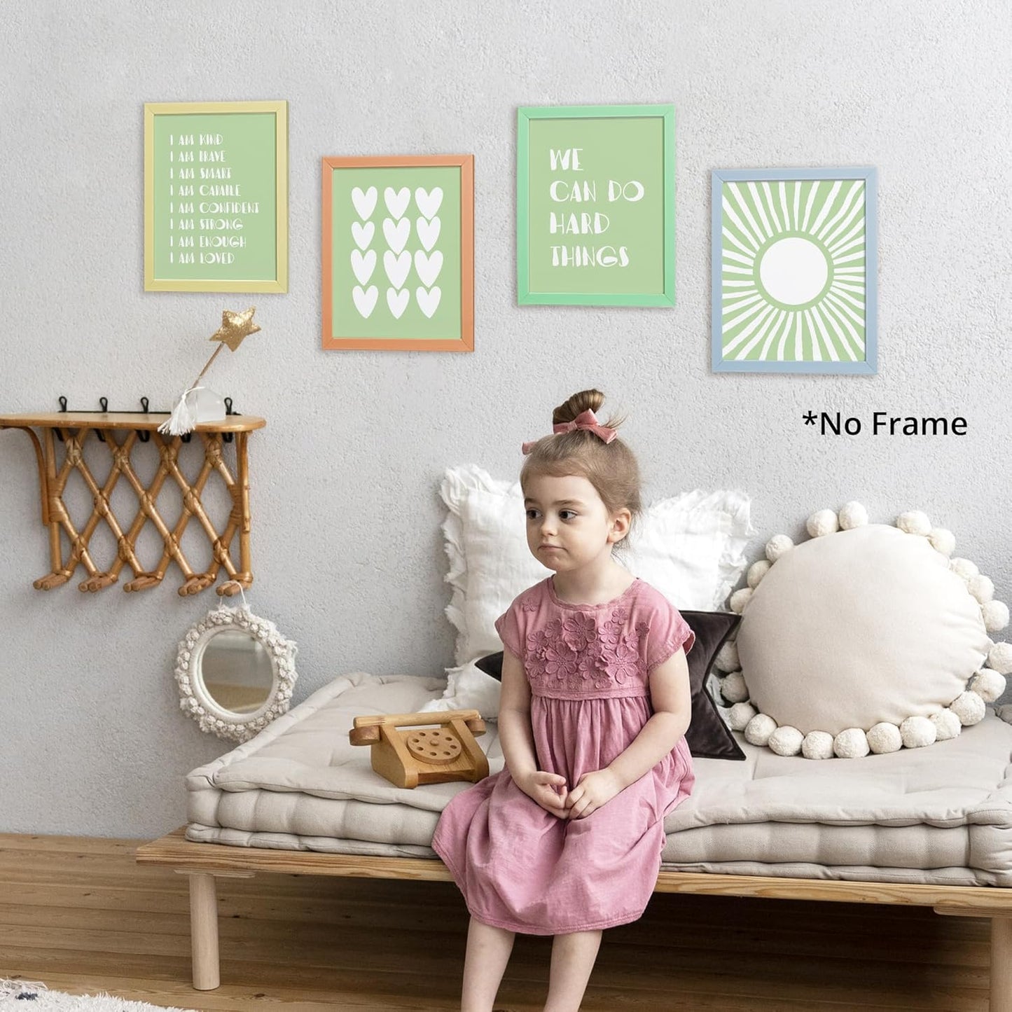 I am Kind Brave Smart Affirmations Green Sun Sunshine Hearts Poster Prints for Girls Kids Room Playroom Decor,Girl Nursery Decorations Prints Wall Art Unframed 4pcs 8x10inches,Girls Kids Gifts