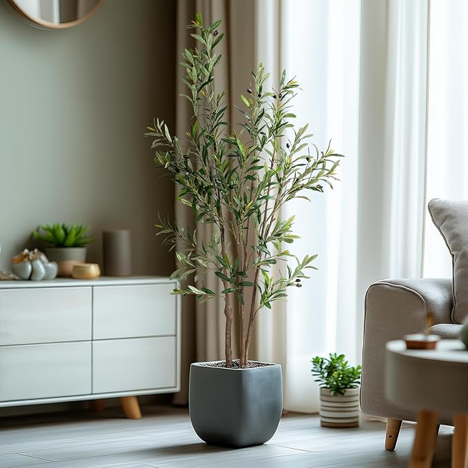 5FT Artificial Olive Tree Tall Faux Silk Plant Tall Faux Olive Tree with Natural Wood Trunk & Lifelike Fruits Fake Potted Tree or Home Office Decor