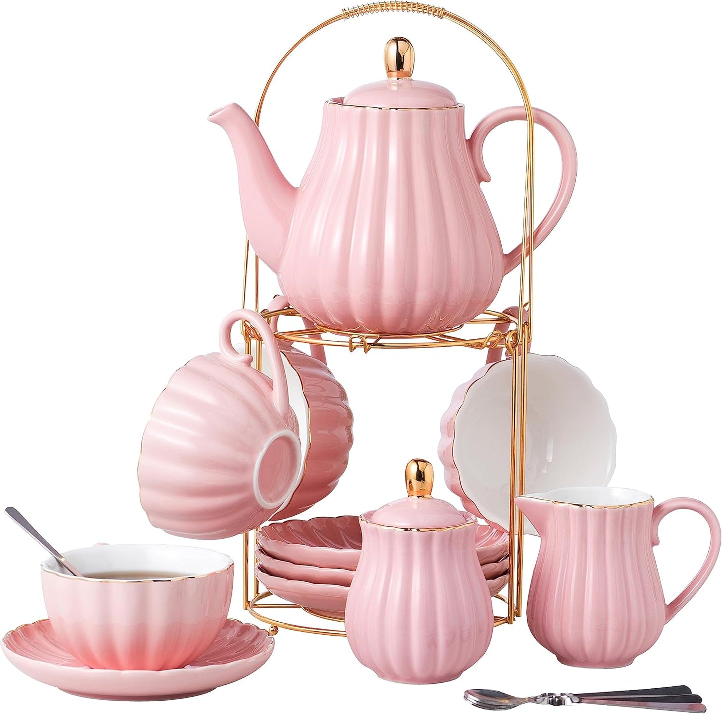 CLAY TONIC-- 8 OZ Fine China Purple Coffee Cup/Teacup Set, Cups & Saucer, with Teapot-Sugar Bowl-Cream Pitcher Teaspoons and tea strainer for Tea/Coffee,17-Pieces- Service for 4 (Pink)