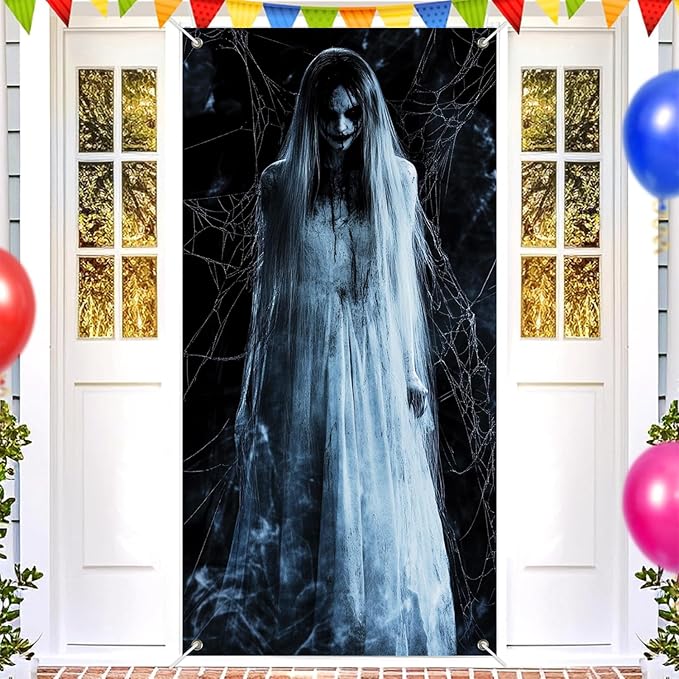 Halloween Door Cover 71x35 Inch Front Porch Door Banners Decoration Spooky Ghost Spider Web Fall