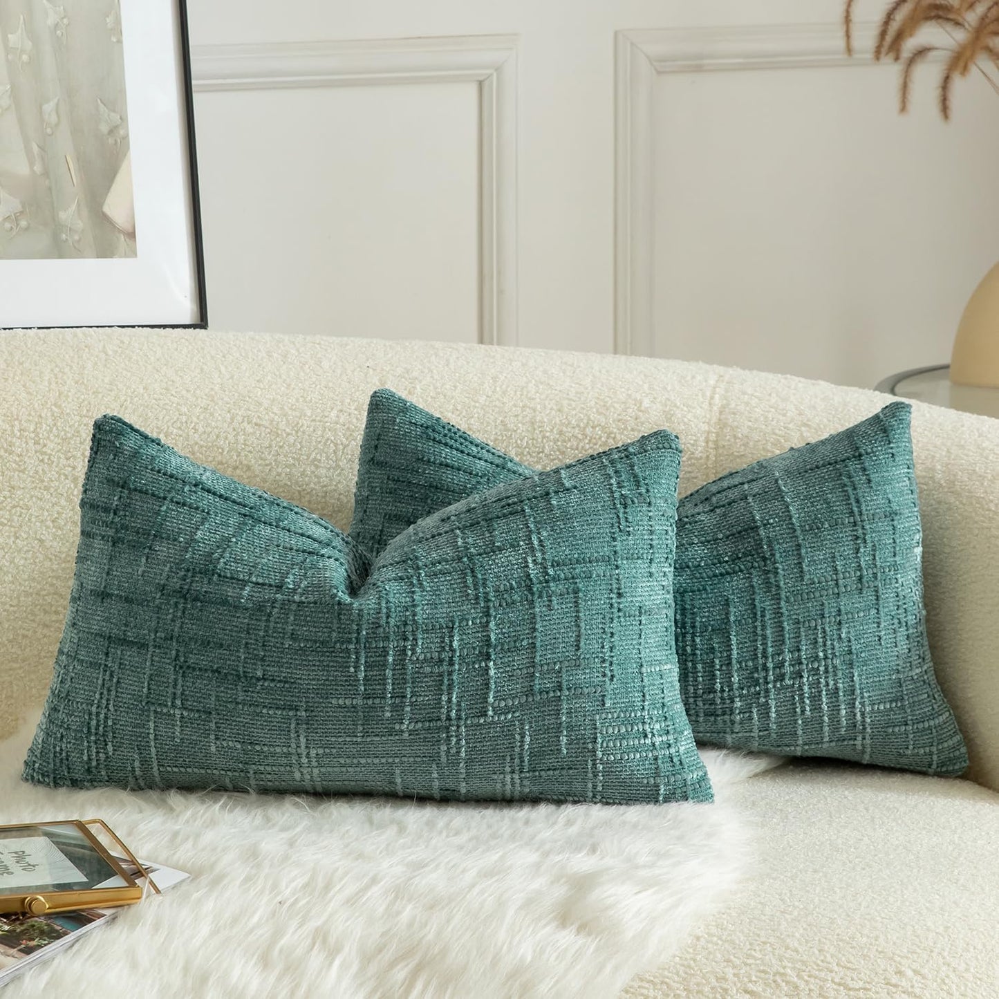 MANDIOO Pack of 2 Soft Chenille Textured Throw Pillow Covers Lumbar Accent Solid Decorative Cushion Cover Cozy Farmhouse Pillow Case for Couch Sofa Bed Living Room 16x24 Inch Teal